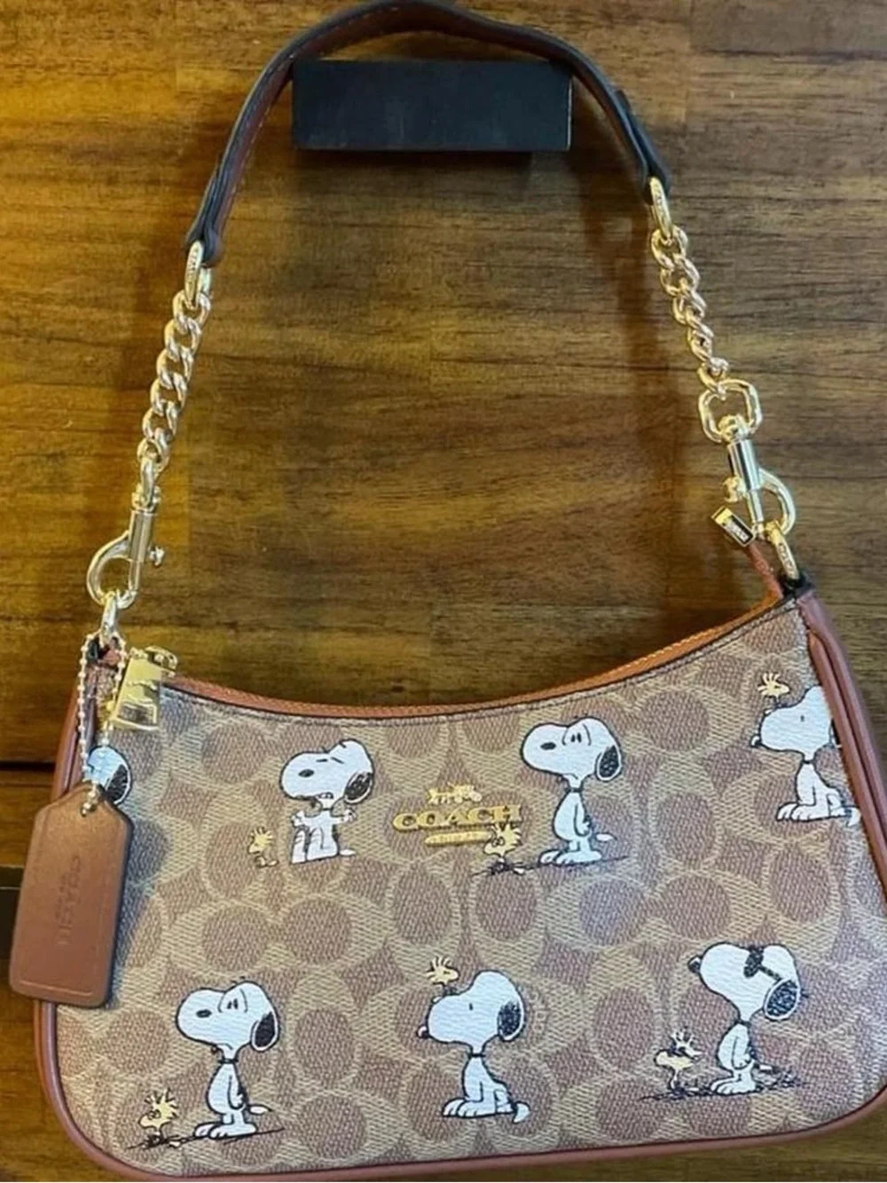Coach Brown Signature Canvas Shoulder Bag with Snoopy Print